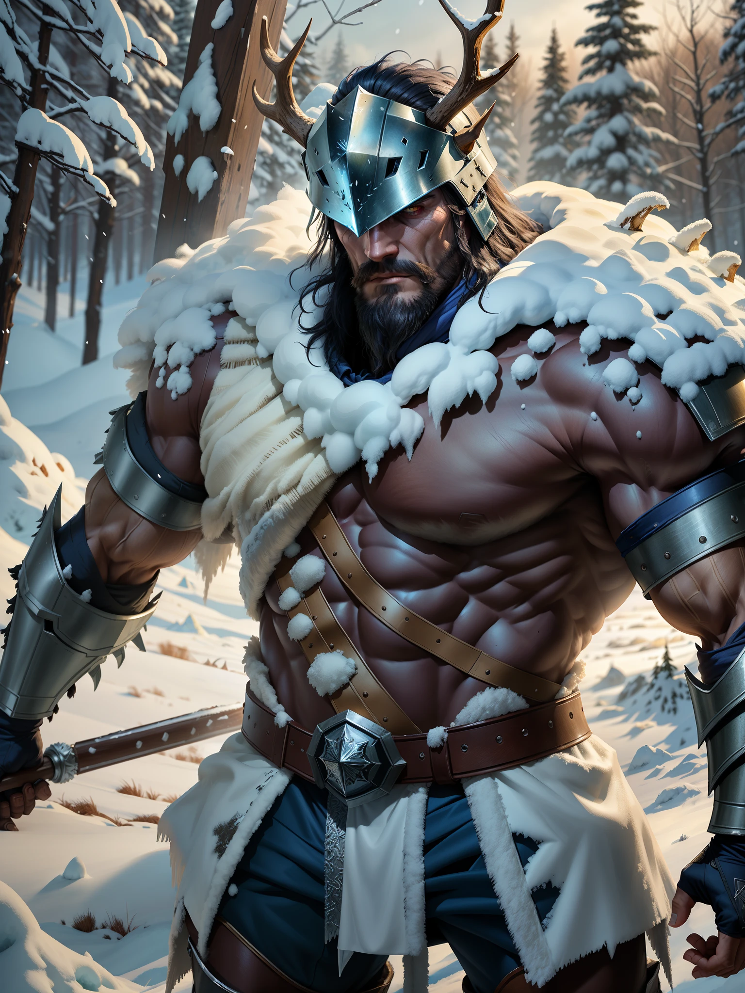 In the midst of a snow-covered battlefield, a towering ice giant stands menacingly. His massive frame is draped in frosty armor, with shards of ice glinting in the dim light. In his hand, he wields a colossal battering ram, its surface etched with ancient runes. Atop his head, a helmet adorned with imposing elk antlers adds to his fearsome presence. The ground trembles with each step he takes, his icy breath visible in the frigid air as he surveys the land with cold, piercing eyes, very strong e musculos, armor