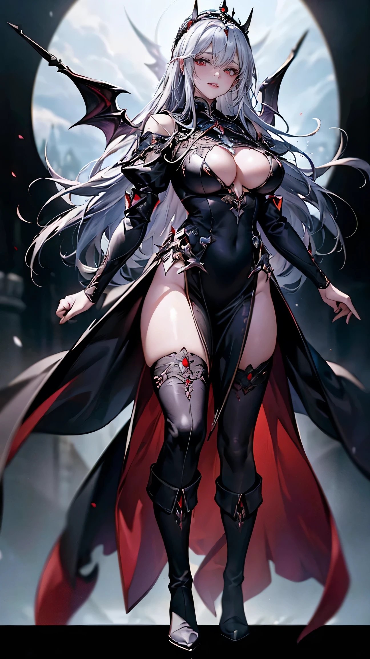 highest quality、masterpiece、8k、Realistic、超High resolution、Very delicate and beautiful、High resolution、Cinema Lighting、medium range shooting、Portraiture、Perfect woman's body、(Big Tits:1.6)、Opposition、Looking at the audience、( ((Demon King of Another World(woman)、Jet black dress、Red glowing eyes、Sharp Corners、Dark Aura、Long silver hair、Ruthless smile、Dark Throne))、Powerful wings、Fiery magic、Dark Crown、Magic wand、Castle of Darkness、Powerful Spell Book、Evil coat of arms、Dark Magic、Battle Scars、Absolute Dominance、Strong Will、Loyal Family、Ruthless personality、A fear-inducing entity、Deep red lipstick、Dark Pact、ruler of the demon world、Otherworldly landscapes、Symbol of Destruction、The power of despair、Evil plan、Jet black boots。)