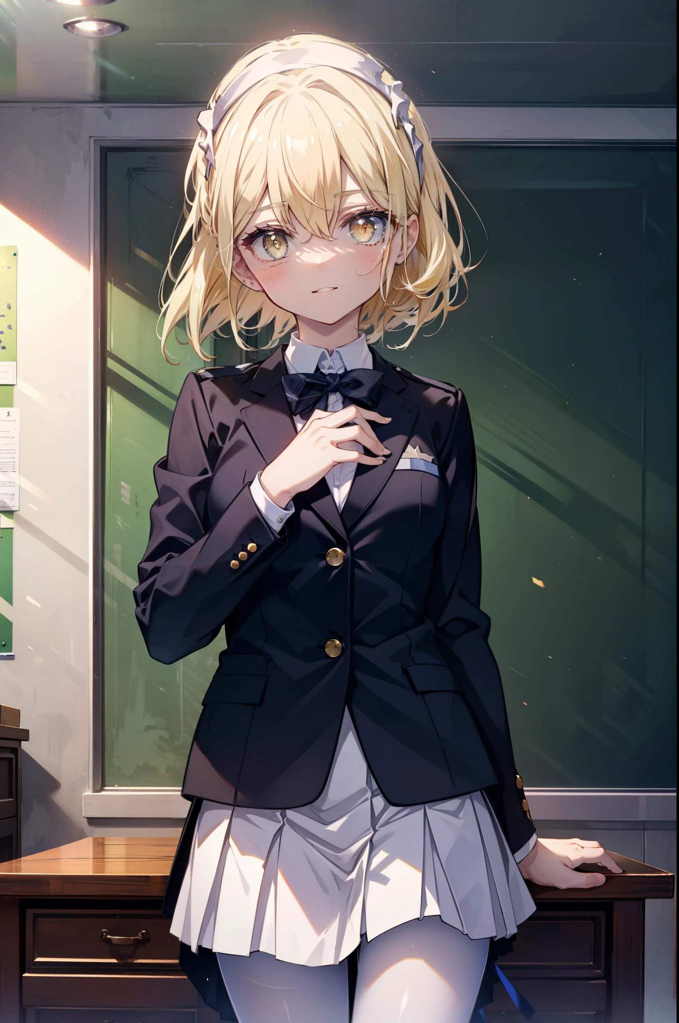 Izvalenstein, Eyes Wallenstein, Blonde Hair, Hair between the eyes, White headband, Long Hair, (Yellow Eyes:1.5), Side Lock,smile,blush,, uniform, blazer, shirt, white shirt, collared shirt, skirt, pleated skirt,Black Pantyhose,Brown Loafers,There is an open textbook on the desk.,He rested his right elbow on the desk、Place one&#39;s chin on the table.,Sitting in a chair,
break looking at viewer,whole body(Cowboy Shot:1. 5)
break indoors, classroom,
break (masterpiece:1.2), highest quality, High resolution, unity 8k wallpaper, (shape:0.8), (Fine and beautiful eyes:1.6), Highly detailed face, Perfect lighting, Highly detailed CG, (Perfect hands, Perfect Anatomy),