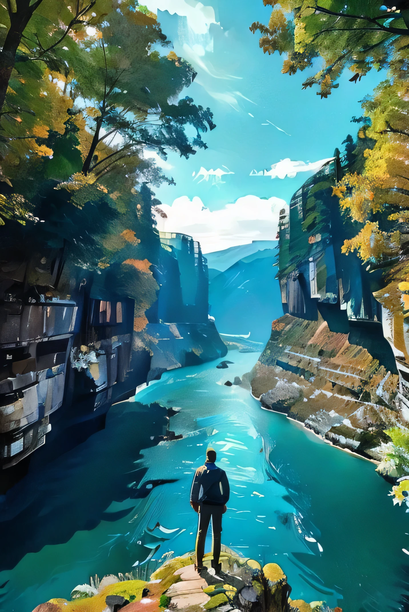 Beautiful and tranquil landscape with a man standing on the edge of a cliff
