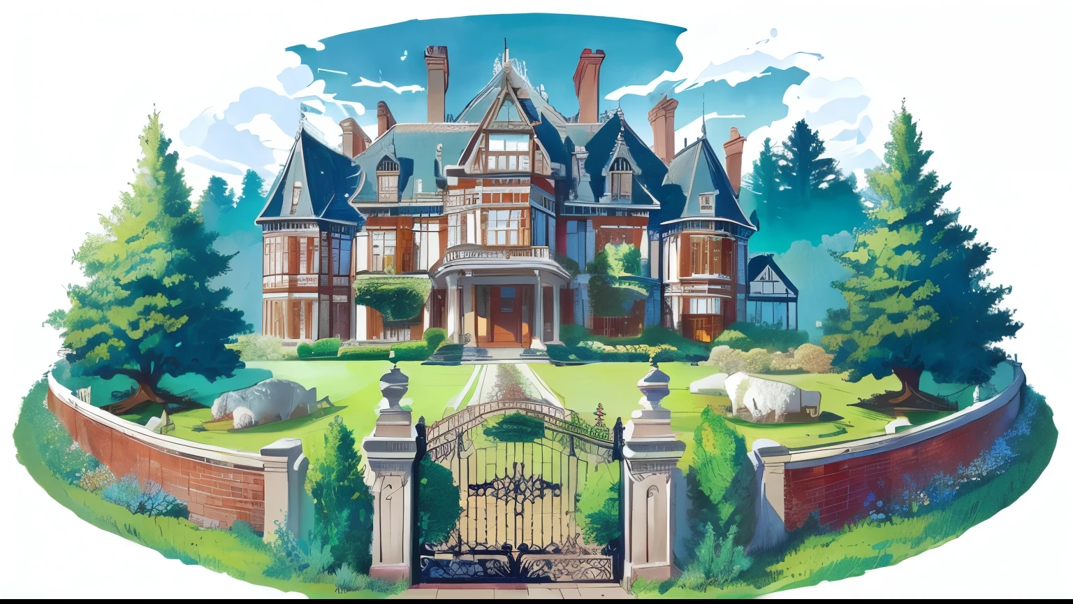 victorian manor, Very detailed illustrations,natural and warm color palette,