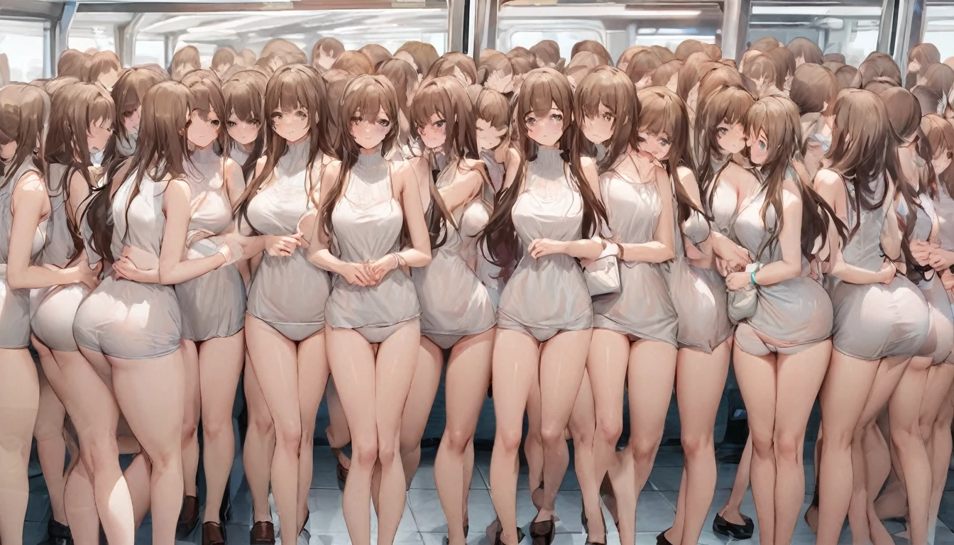 A crowd of clone girls wearing sleeveless white underwears, sleeveless White tank top underwear,sleeveless White camisole underwear, White panties underwear,leather shoes and shoulder bags commuting to work,Everyone in the same underwear,multiple clone girls, 20000+ clone girls,masterpiece,high detailed,best quality,All Girls,Wear only white underwear,brown hair,black eyes,long hair,clone girls