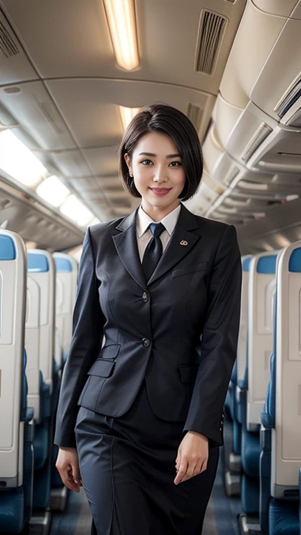 1beautiful womanl, 28years、hyperdetailed face、Detailed lips、A detailed eye、double eyelid、(Black bob hair、Smiling while walking gracefully down the aisle)、(Stewardess uniform:1.2)、(Glamorous body)、((not SEXY))、thighs thighs thighs thighs, Perfect fit, Perfect image realism, Background with: (Business Class aisle on airplanes:1.2), Cowboy Shot, Meticulous background, detailed costume, Perfect litthing、Hyper-Realism、(Photorealsitic:1.4)、8K maximum resolution, (masterpiece), ighly detailed, Professional