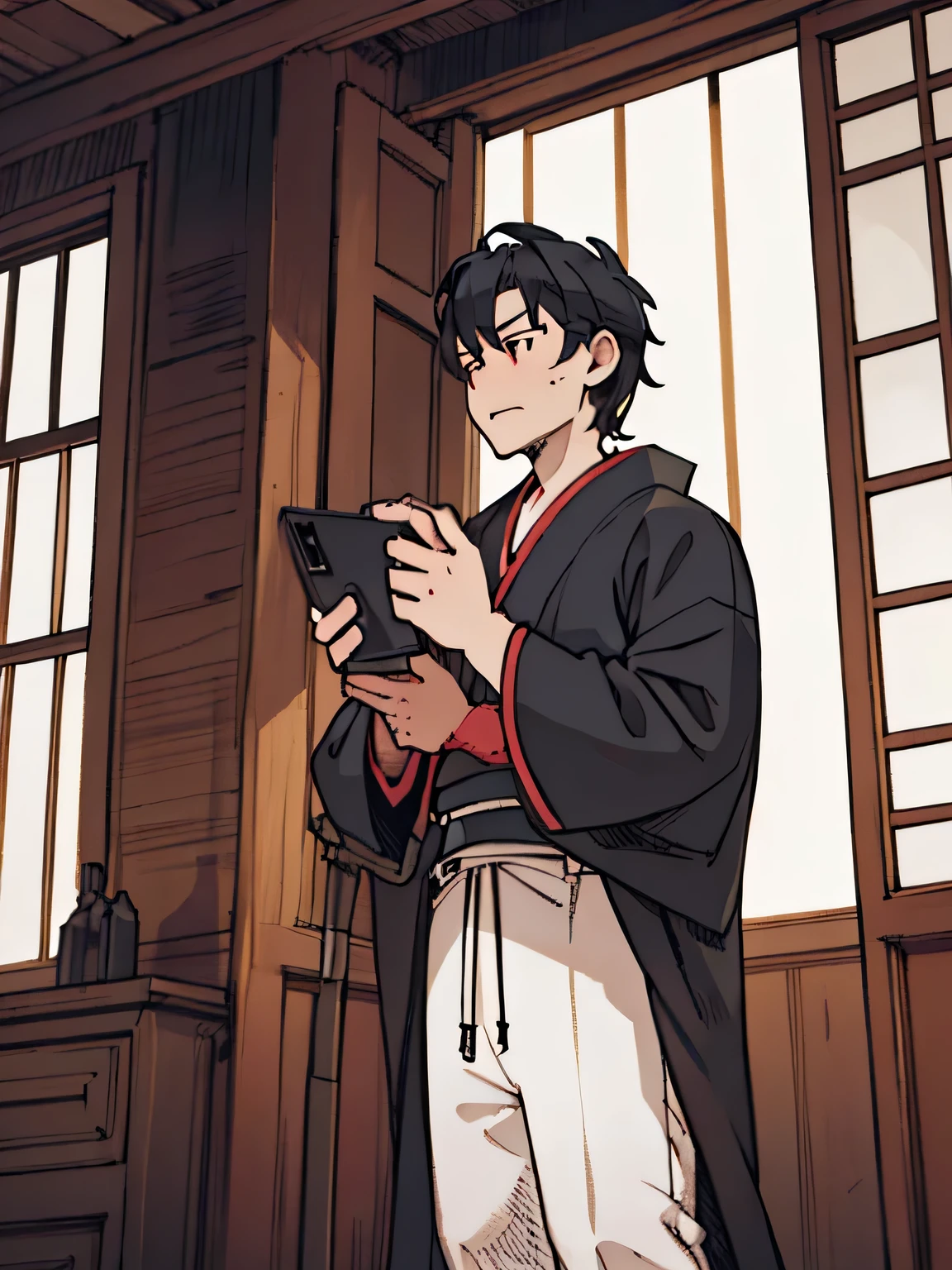 Adult male，Pink short hair，Dark kimono，Black Haori，Black clothing，White baggy pants，tall，Cold，muscle