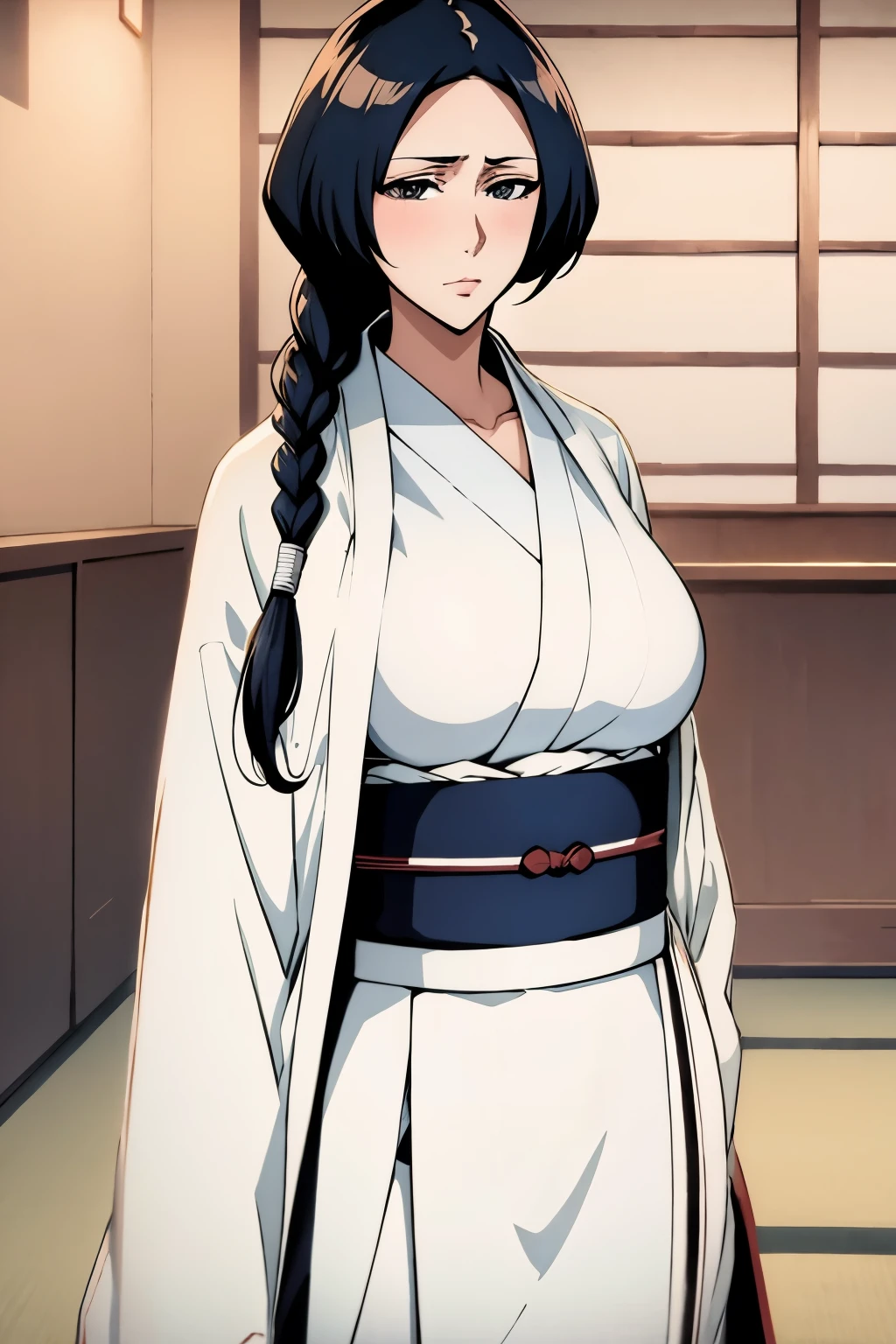 masterpiece, best quality, unohana retsu, braided hair,white coat, black kimono, indoors, standing ,looking at viewer,