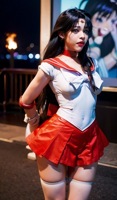 One girl,Long Hair,（Put your arms behind your back）Large Breasts、Narrow waist、Wide Hips (high quality,8k,Black Hair, Realistic, 最high quality,masterpiece,Super detailed, Absurd)1.5,((SAMA1, tiara, Sailor Warrior Uniform, White gloves, Red sailor collar, Red Skirt)),Night City,White gloves,Purple ribbon,Purple eyes, (Magical World,fire),High heels,slave、Chain、Hands tied behind back、Taped to the mouth