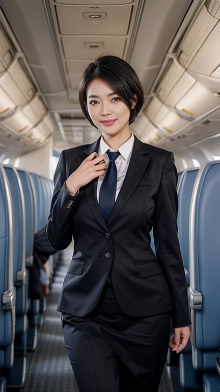 1beautiful womanl, 28years、hyperdetailed face、Detailed lips、A detailed eye、double eyelid、(Black bob hair、Smiling while walking gracefully down the aisle)、(Stewardess uniform:1.2)、((beautiful tie)) (Glamorous body)、((short-cut hair))、(large full breasts)(big butts)(Plump body)(plump body shape)( large full breasts)((J-Cup))、((not SEXY))、highs thighs thighs thighs, Perfect fit, Perfect image realism, Background with: (Business Class aisle on airplanes:1.2), Cowboy Shot, Meticulous background, detailed costume, Perfect litthing、Hyper-Realism、(Photorealsitic:1.4)、8K maximum resolution, (masterpiece), ighly detailed, Professional