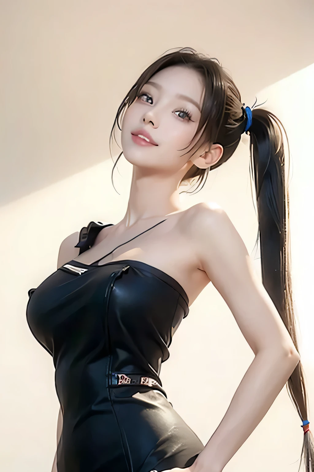 Beautifully saturated photos by Emily Soto, (Cute Japan idol woman), clavicle, (mature:1.3), highest quality, humid, Fascinating,skinny, (smile:1.2), no_panties, (Large Breasts:1.5), (masterpiece),(highest quality),(((Pussy:1.3))), ((photoRealistic)), One girl, (Black Hair:1.2), (high twintail::1.5), Big Ass, Gray background, lips, Realistic, A konigsreuter, (one Shoulder Pencil Dress:1.5), (from below:1.5)
