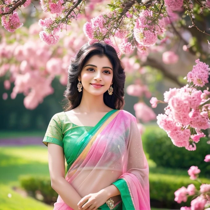 (best quality,8k,ultra-detailed),(realistic:1.37),
Indian girl,romantic pose,smiling,feminine,beautiful,
stunning pink sari,embroidered patterns,shimmering fabric,
detailed facial features,expressive eyes,delicate lips,flowing black hair,
lush green garden background,colorful flowers,decorative elements,
soft sunlight streaming through leaves,graceful body posture,
hyperrealistic rendering,soft focus,subtle shadows,
vibrant colors,rich color palette,pink and green color scheme,
ethereal atmosphere,gentle breeze,pinkish tones,
dreamlike ambiance,serene and enchanting mood,
captivating and seductive presence,
glistening droplets of water on flowers.