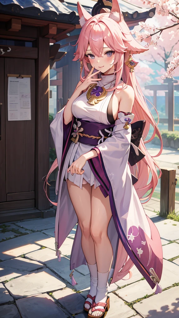 "anime girl, 1 beautiful girl, pink hair, purple eyes, fox ears, lowered ears, shrine maiden, shrine maiden, hand on chin, hand on chest, standing cross-legged, licking lips, perspective front, (full HD 4K+ image)"
