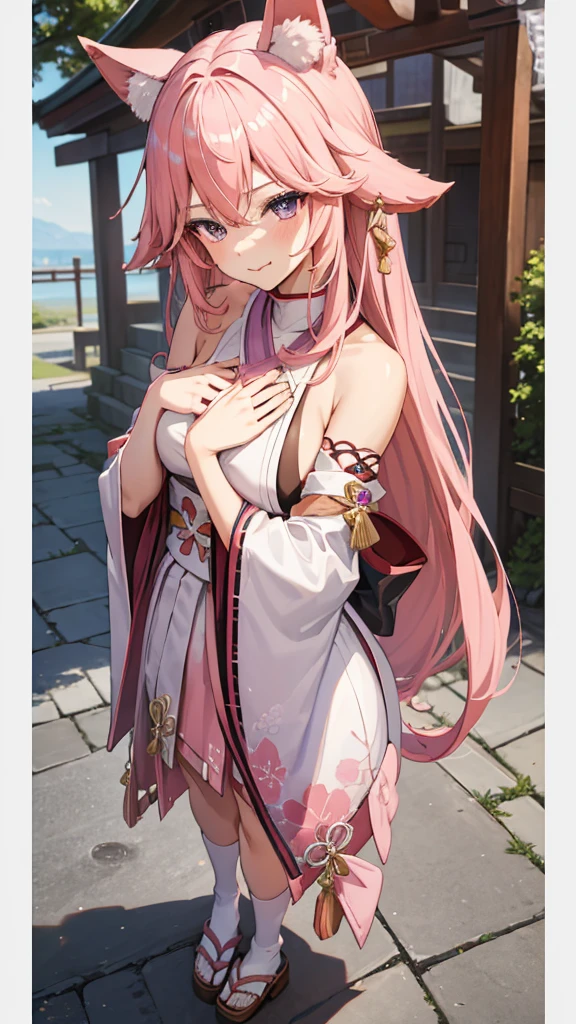 "anime girl, 1 beautiful girl, pink hair, purple eyes, fox ears, lowered ears, shrine maiden, shrine maiden, hand on chin, hand on chest, standing cross-legged, licking lips, perspective front, (full HD 4K+ image)"