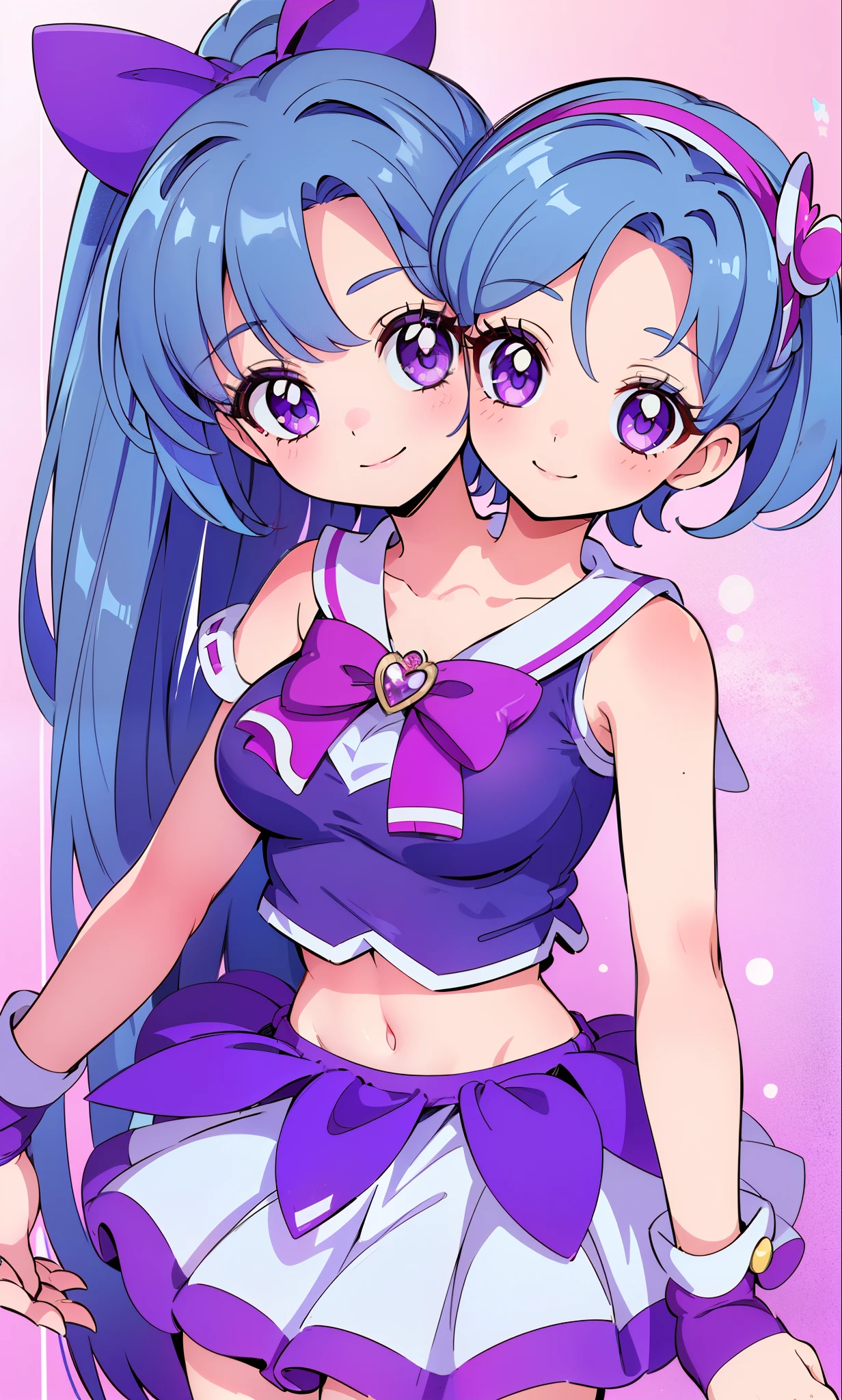 best quality, (masterpiece),(ultra-detailed), (high quality), (high resolution), (2heads:1.5) 1girl, ((hot pink hair)), ((blue hair)), ((different hair colors), purple eyes, hair ornaments, magenta armor chest piece, same hair color, age girl, ((violet magical girl)), magical girl, gentle smile, high school background, ((high ponytail)), white collar, midriff revealing top, ((high school background:1.5)), headband,(( sleeveless top)), ((magical girl outfit))