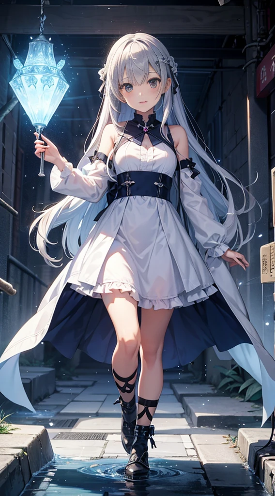 Top image quality　Original Characters、icy、Volume Lighting、Silver long hair、Summer Dresses、Tokyo Underground Labyrinth、Water channels、dungeon