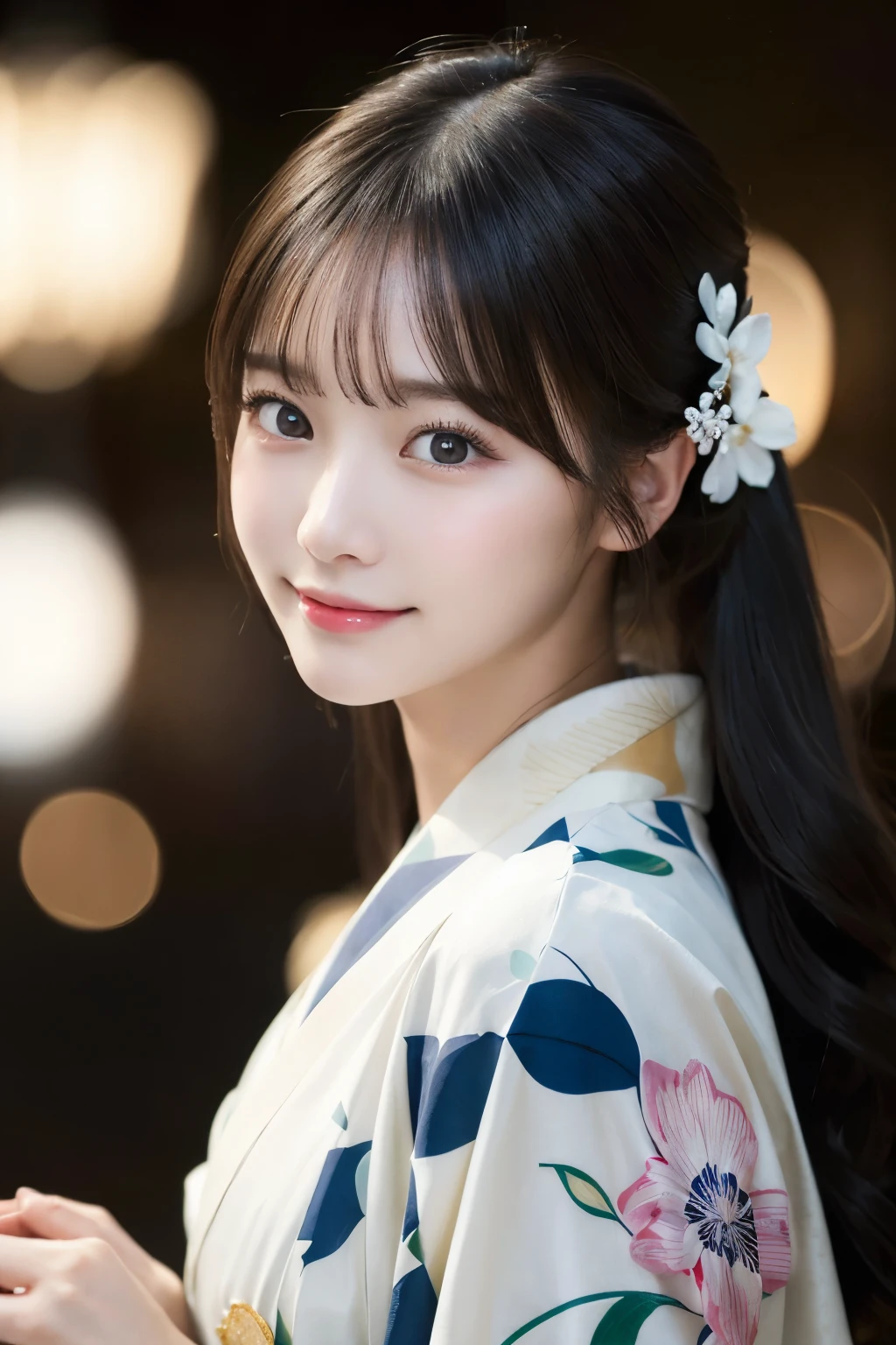 (kimono)、masterpiece、beautiful girl、Beautiful detailed eyes、highest quality, 超A high resolution, (reality: 1.4), Cinema Lighting、(Japanese Girls)、so beautiful、Beautiful Skin、(Looking at the audience)、(Surreal)、(High resolution)、(8k)、(Very detailed)、(Beautiful fine details)、(Very detailed)、 (wallpaper)、Detailed face、Bright lighting、Professional Lighting、Smile