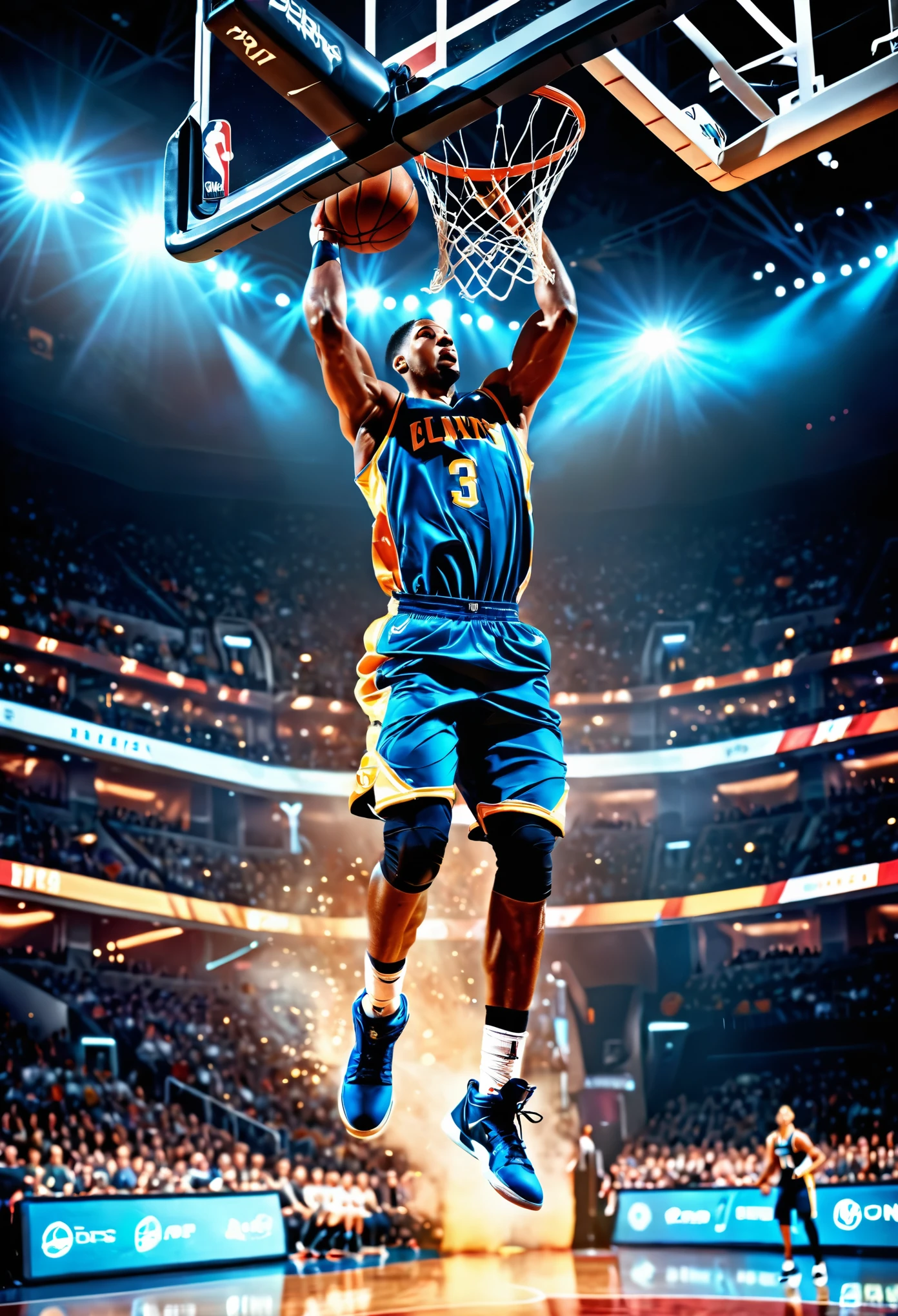 Professional basketball player in mid-air, about to dunk, against the backdrop of a packed arena, masterpiece, fantasy, digital art, highly detailed, overall detail, atmospheric lighting, Awash in a haze of light leaks reminiscent of film photography, awesome background, highly detailed styling, studio photo, intricate details, highly detailed, cinematic,