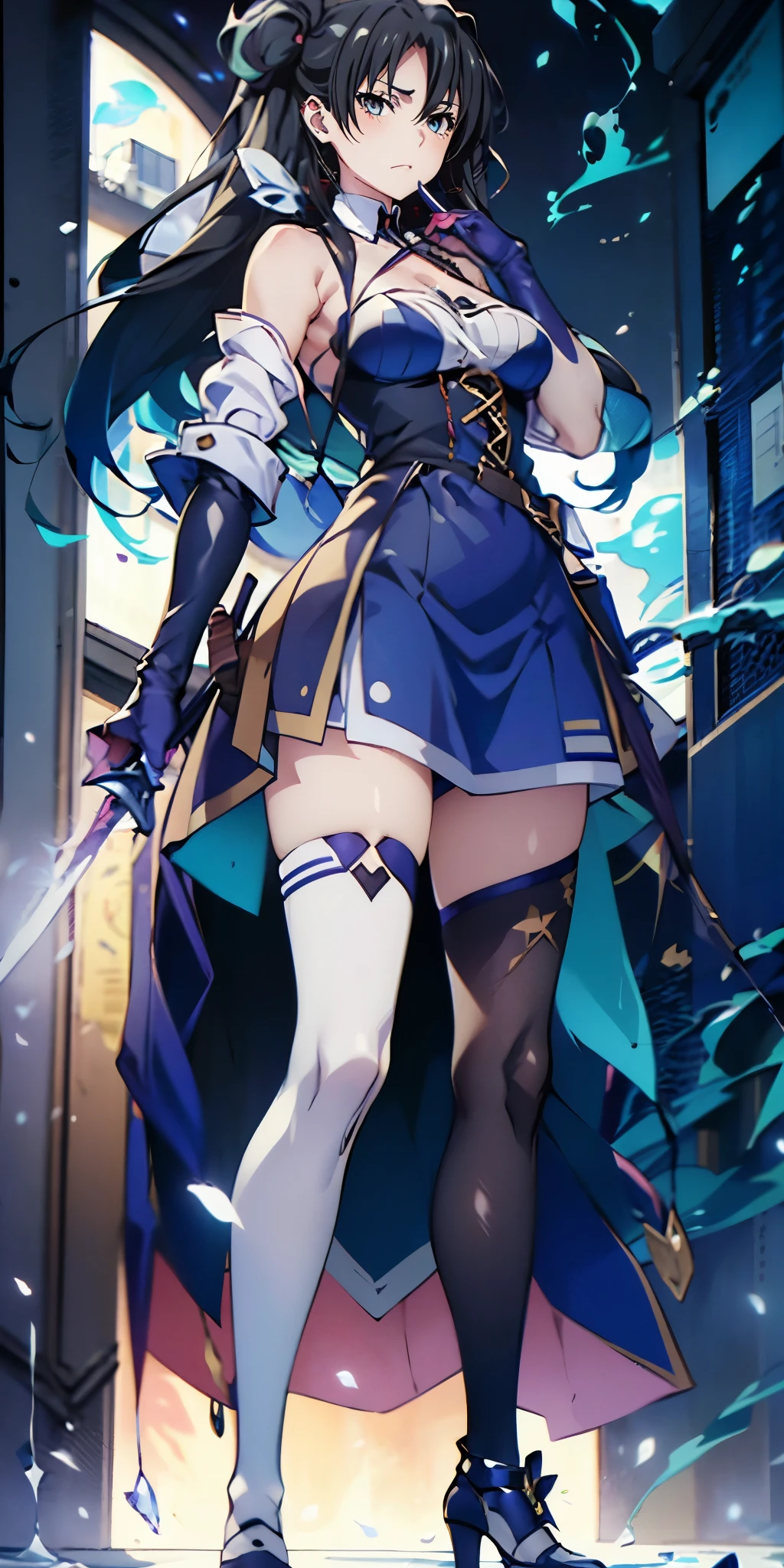 (black hair, long hair:1.3), yukinoshita yukino, curvy, ((anatomically correct:1.3)), heavy breathing, huge breasts, epic art, fantasy, breast press, 1girl, weapon, sword, thighhighs, solo, blue_eyes, breasts, full_body, ponytail, bangs, jewelry, standing, dress, holding_weapon, gloves, holding, short_dress, looking_at_viewer, earrings, long_hair, closed_mouth, cleavage, white_legwear, (shaded face:1.2), hollow eyes, grey eyes, looking at viewer, (heavy breathing:1.2), expressionless, glaring eyes, simple background,