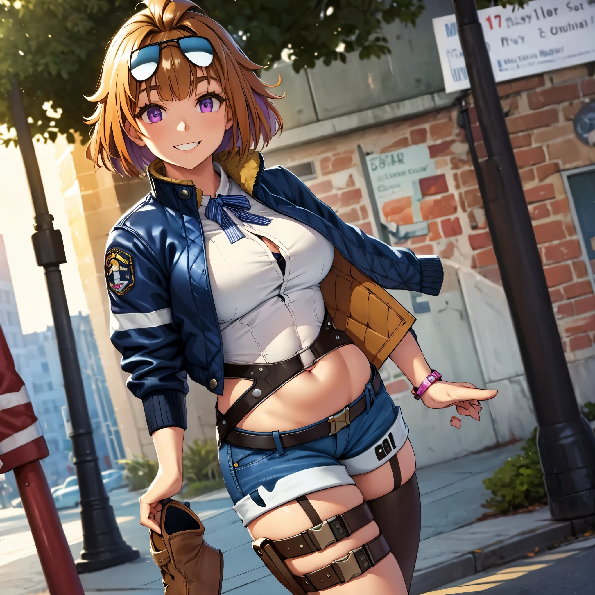 A woman with caramel-colored hair, purple eyes, smiling, wearing a navy blue denim jacket, white shirt, exposed belly, denim shorts, black boots, big breasts, smiling, walking on the sidewalk of a park in the late afternoon.UHD, masterpiece, accurate, anatomically correct, textured skin, super detail, high quality, best quality, 8k, high resolution, bokeh effect.(solo woman)
