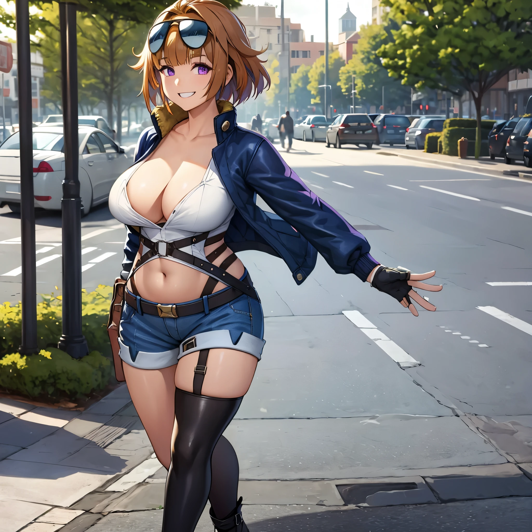 A woman with caramel-colored hair, purple eyes, smiling, wearing a navy blue denim jacket, white shirt, exposed belly, denim shorts, black boots, big breasts, smiling, walking on the sidewalk of a park in the late afternoon.UHD, masterpiece, accurate, anatomically correct, textured skin, super detail, high quality, best quality, 8k, high resolution, bokeh effect.(solo woman)
