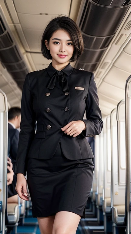 1beautiful womanl, 28years、hyperdetailed face、Detailed lips、A detailed eye、double eyelid、(Black bob hair、Smiling while walking gracefully down the aisle)、(Stewardess uniform:1.2)、(Glamorous body)、(Colossal tits)、((short-cut hair))、(large full breasts)(big butts)(Plump body)(plump body shape)( large full breasts)((J-Cup))、((not SEXY))、highs thighs thighs thighs, Perfect fit, Perfect image realism, Background with: (Business Class aisle on airplanes:1.2), Cowboy Shot, Meticulous background, detailed costume, Perfect litthing、Hyper-Realism、(Photorealsitic:1.4)、8K maximum resolution, (masterpiece), ighly detailed, Professional