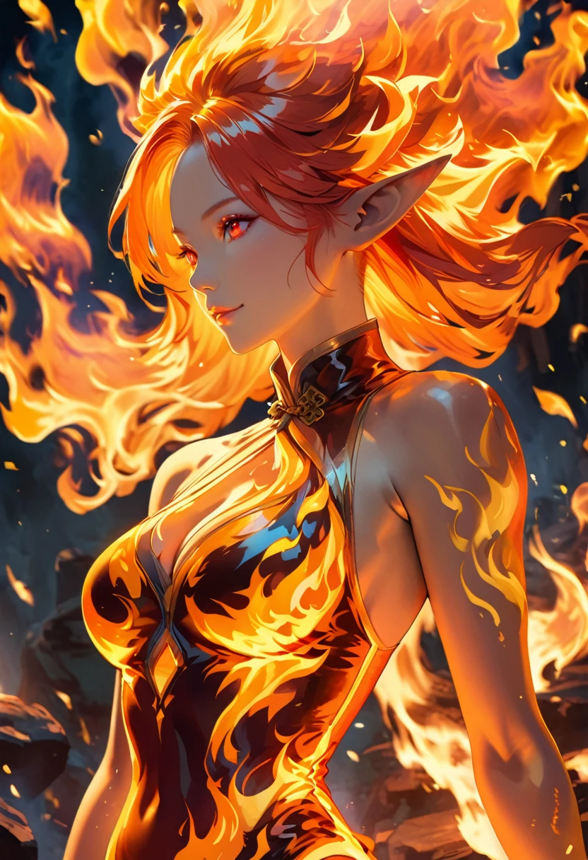 ((complete body image of a fire elf)), red flowing hair, shiny red eyes,( medium length pointy ears),orange fire around, flaming theme, burning atmosphere, (detailed sexy Chinese style costume:1.2), red glowing tattoos, orange crystal jewelry, light smile, mature body, colorful ,by Mappa studios,masterpiece,best quality,official art,illustration,ligne claire,(cool_color),perfect composition,absurdres, fantasy,focused,rule of third, close up portrait 