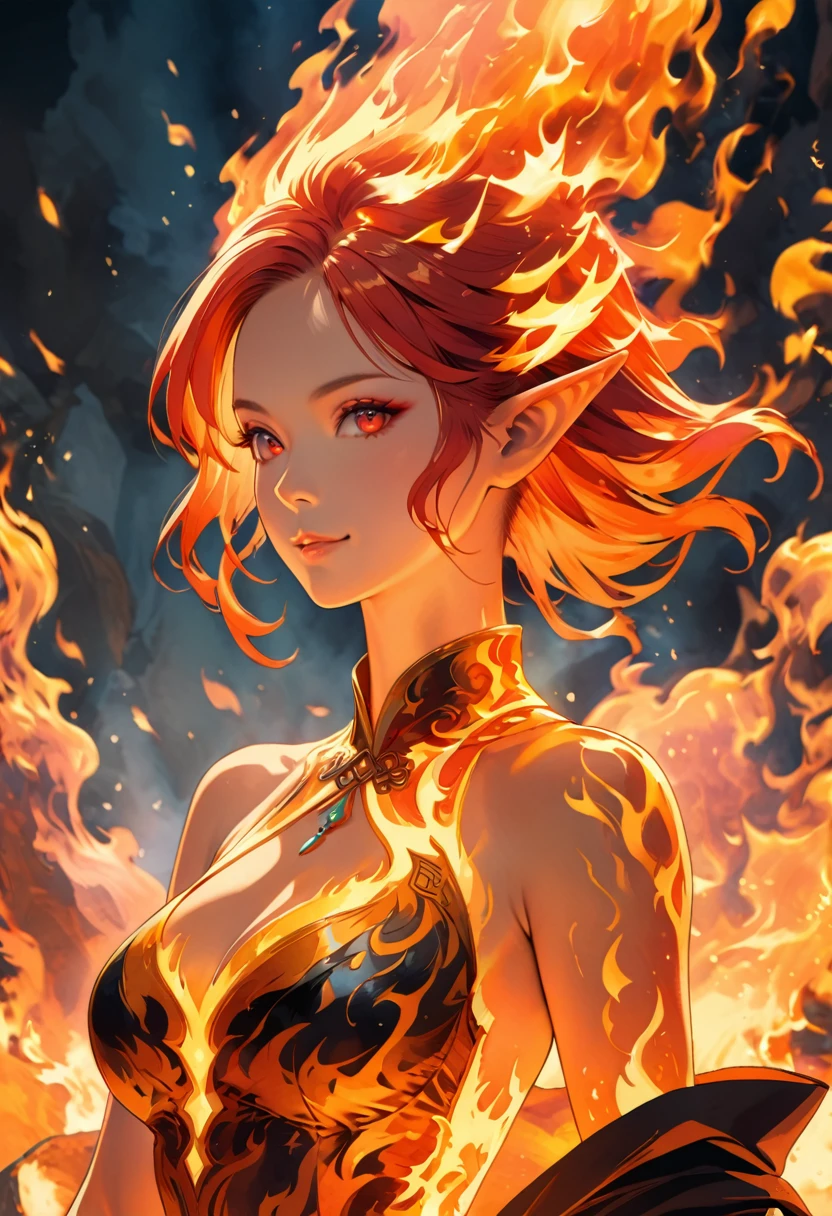 ((complete body image of a fire elf)), red flowing hair, shiny red eyes,( medium length pointy ears),orange fire around, flaming theme, burning atmosphere, (detailed sexy Chinese style costume:1.2), red glowing tattoos, orange crystal jewelry, light smile, mature body, colorful ,by Mappa studios,masterpiece,best quality,official art,illustration,ligne claire,(cool_color),perfect composition,absurdres, fantasy,focused,rule of third, close up portrait 