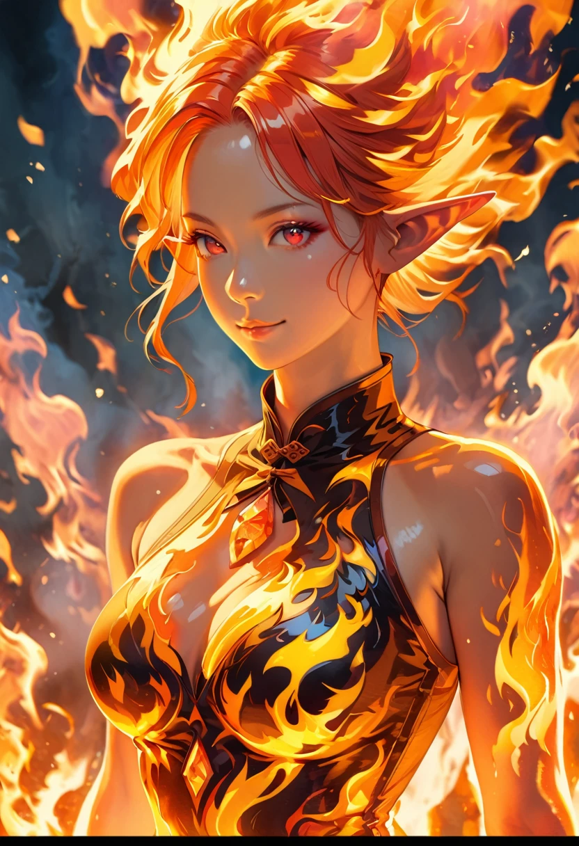 ((complete body image of a fire elf)), red flowing hair, shiny red eyes,( medium length pointy ears),orange fire around, flaming theme, burning atmosphere, (detailed sexy Chinese style costume:1.2), red glowing tattoos, orange crystal jewelry, light smile, mature body, colorful ,by Mappa studios,masterpiece,best quality,official art,illustration,ligne claire,(cool_color),perfect composition,absurdres, fantasy,focused,rule of third, close up portrait 