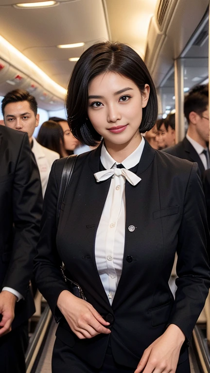 1beautiful womanl, 28years、hyperdetailed face、Detailed lips、A detailed eye、double eyelid、(Black bob hair、Smiling while walking gracefully down the aisle)、(Stewardess uniform:1.2)、(Glamorous body)、(Colossal tits)、((short-cut hair))、(large full breasts)(big butts)(Plump body)(plump body shape)( large full breasts)((J-Cup))、((not SEXY))、highs thighs thighs thighs, Perfect fit, Perfect image realism, Background with: (Business Class aisle on airplanes:1.2), Cowboy Shot, Meticulous background, detailed costume, Perfect litthing、Hyper-Realism、(Photorealsitic:1.4)、8K maximum resolution, (masterpiece), ighly detailed, Professional