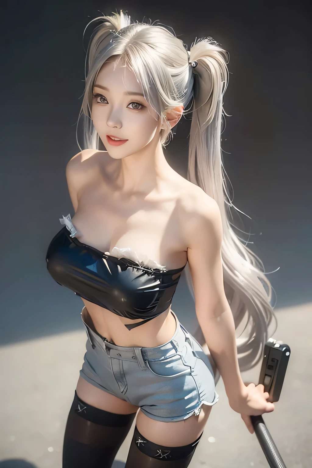 Beautifully saturated photos by Emily Soto, (Cute Japan idol woman), clavicle, (mature:1.3), highest quality, humid, Fascinating,skinny, (smile:1.2), no_panties, (Large Breasts:1.5), (masterpiece),(highest quality),(((Pussy:1.3))), ((photoRealistic)), One girl, (Silver Hair:1.2), (high twintail::1.5), Big Ass, Gray background, lips, Realistic, A konigsreuter, (tube Top:1.6), (High-Waisted Shorts and thighhighs:1.5), (from above:1.5)