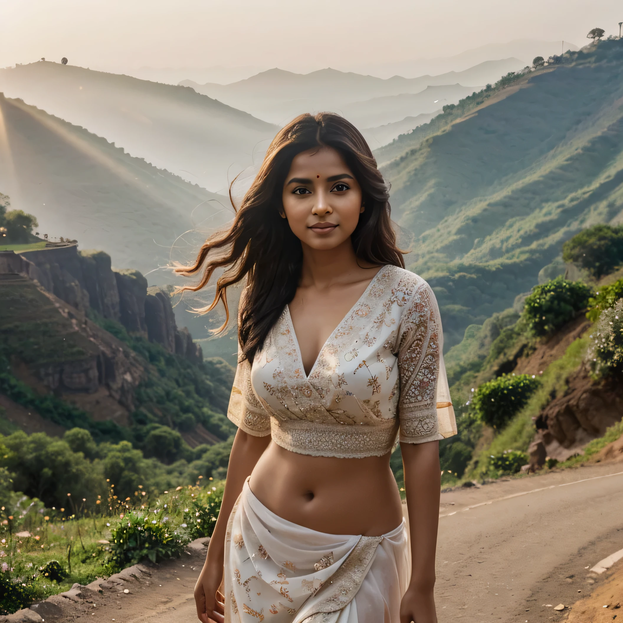 A charming indian woman full body incomparable beauty. Her soft dimples and realistic expression lines add authenticity. Her skin is illuminated by the sun's rays, highlighting her beauty. The background shows her standing by the roadside at Lonavala Ghat,maharashtra, india, To capture this extraordinary scene, a high-resolution camera such as the Phase One XF IQ4 150MP is required. The lighting is diffused and natural, minimizing harsh shadows. The camera settings include a medium aperture, adjusted shutter speed, and a high-quality wide-angle lens with a focal length of approximately 35mm to capture the entire scene in an immersive way. Sharp, precise details are captured, from wavy hair to complex clothing patterns, ensuring a natural and stunning image.
