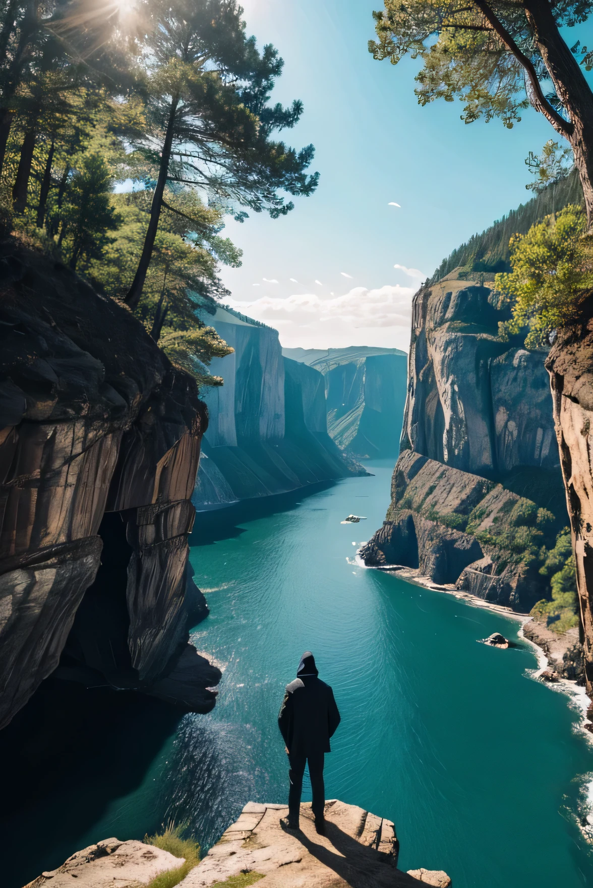 Beautiful and dark landscape with a cloaked man standing on a cliff