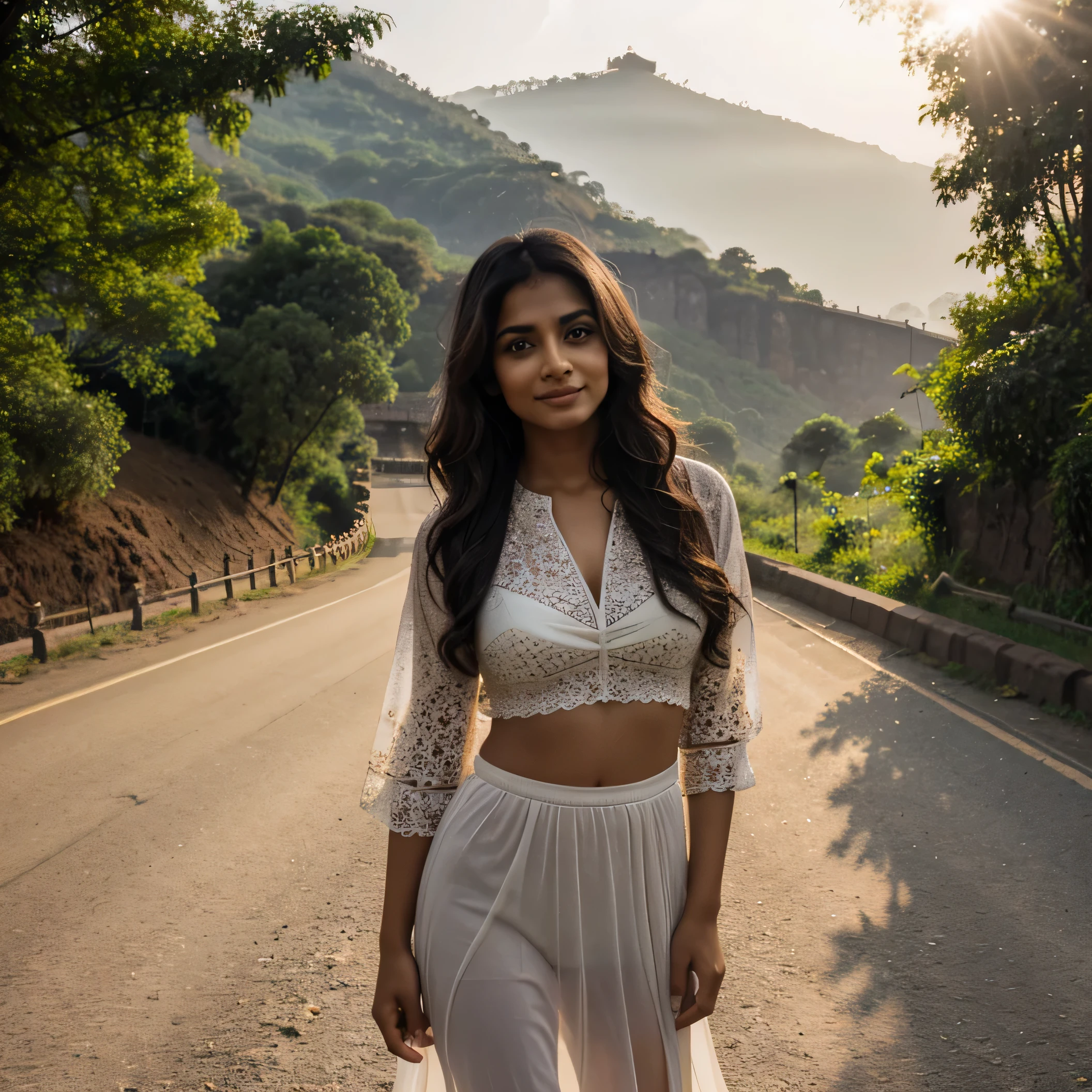 A charming indian woman full body incomparable beauty. Her soft dimples and realistic expression lines add authenticity. Her skin is illuminated by the sun's rays, highlighting her beauty. The background shows her standing by the roadside at Lonavala Ghat,maharashtra, india, To capture this extraordinary scene, a high-resolution camera such as the Phase One XF IQ4 150MP is required. The lighting is diffused and natural, minimizing harsh shadows. The camera settings include a medium aperture, adjusted shutter speed, and a high-quality wide-angle lens with a focal length of approximately 35mm to capture the entire scene in an immersive way. Sharp, precise details are captured, from wavy hair to complex clothing patterns, ensuring a natural and stunning image.