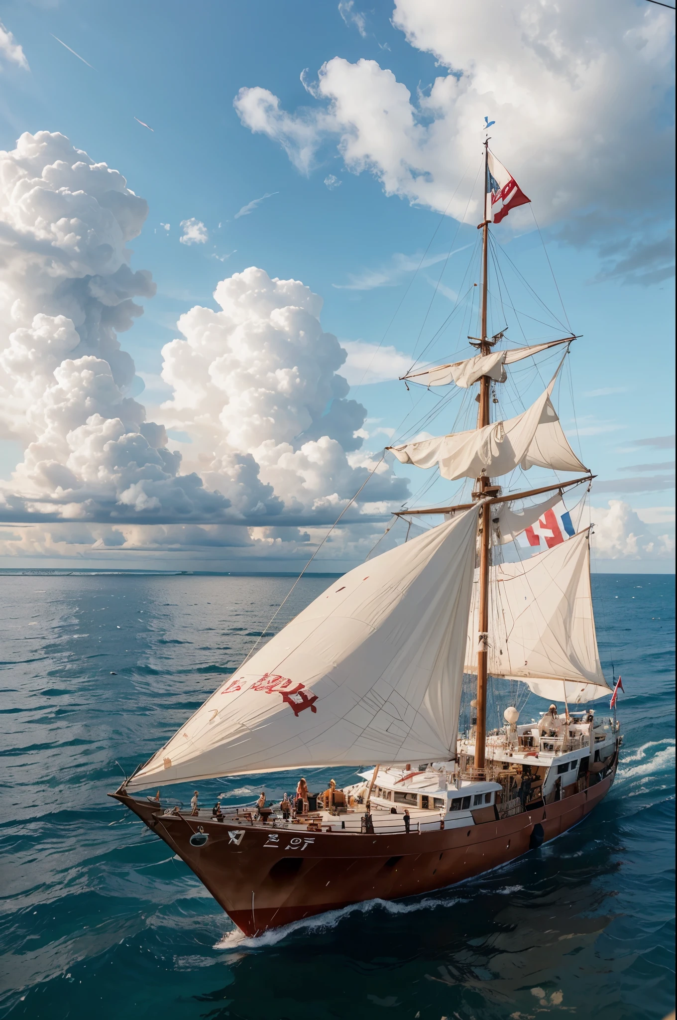 photo of the ship with the boy scouts carrying the red and white flag and coconut shoots as well as the world scout flag