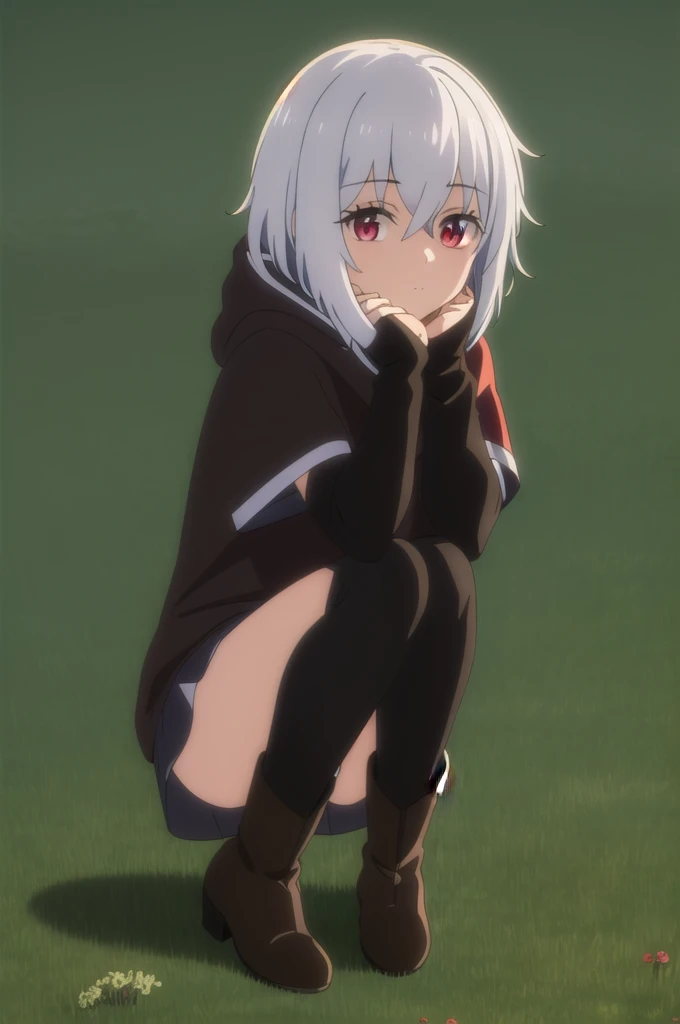 (((Best quality))),((Ultra-detailed)),((illustration)),((Disheveled hair)),((frilld)),(1 girl), 1girl , bangs , black legwear , boots , brown footwear , closed mouth , eyebrows visible through hair , fingerless gloves , gloves , grass , green background , hair between eyes , hands on own knees, hood , looking at viewer , outdoors , red eyes , short hair , sitting , solo , thighhighs , white hair ,
