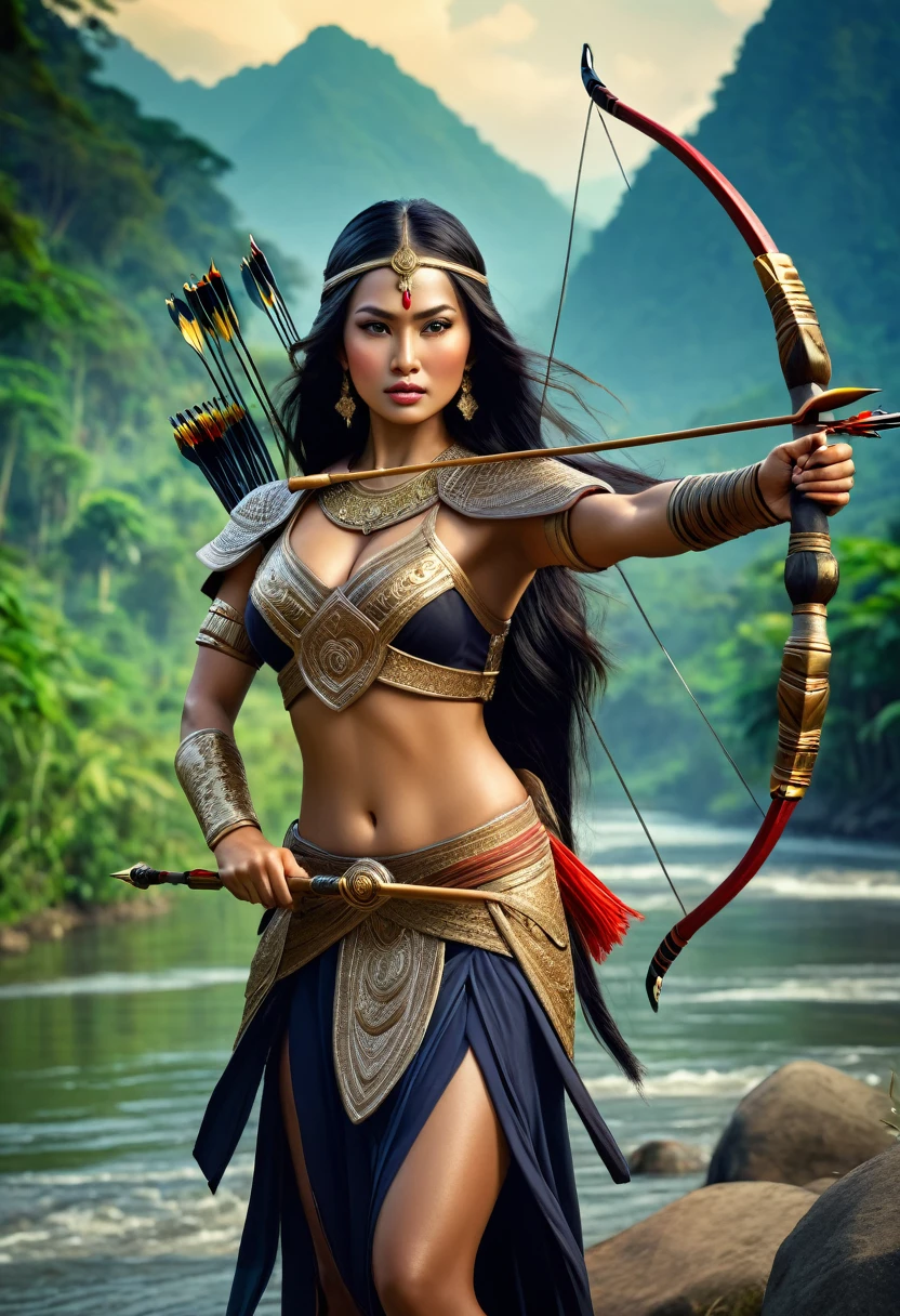 Very realistic photo of a woman with Huge breasts, Javanese warrior in typical Javanese royal army clothes and long flowing black hair holding a bow and arrow on the river bank with a background of trees and mountains, there is magic power around her,incredibly absurdres, realistic lighting,high resolution,masterpiece,vibrant colors,stunning visuals,ultra skin texsture,stable diffusion,perfect anatomy,crazy details