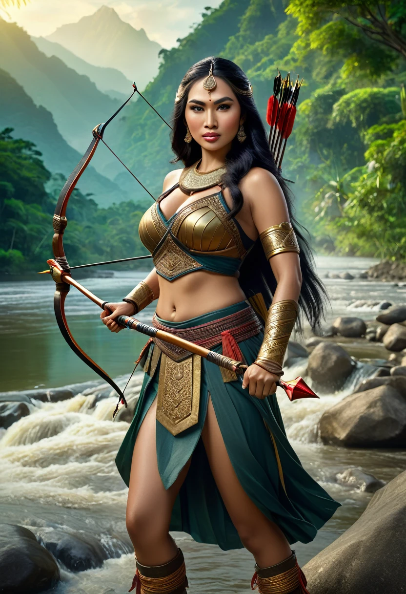 Very realistic photo of a woman with Huge breasts, Javanese warrior in typical Javanese royal army clothes and long flowing black hair holding a bow and arrow on the river bank with a background of trees and mountains, there is magic power around her,incredibly absurdres, realistic lighting,high resolution,masterpiece,vibrant colors,stunning visuals,ultra skin texsture,stable diffusion,perfect anatomy,crazy details