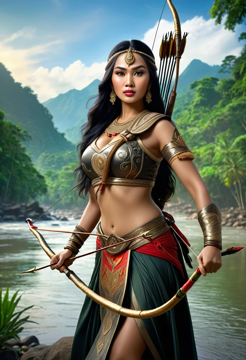 Very realistic photo of a woman with Huge breasts, Javanese warrior in typical Javanese royal army clothes and long flowing black hair holding a bow and arrow on the river bank with a background of trees and mountains, there is magic power around her,incredibly absurdres, realistic lighting,high resolution,masterpiece,vibrant colors,stunning visuals,ultra skin texsture,stable diffusion,perfect anatomy,crazy details