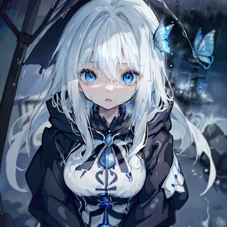 1 girl、Mature、Ample breasts、White Hair、Long Hair、Blue Eyes、Sharp Eyes、In the heavy rain、Black clothes、Wear the hood deeply、Assassin、Rain like a waterfall、Downtown、Water Drop、Splash、Looking down、painful、Gripping a knife、Cinema Lighting、High resolution、Super detailed、Blue Butterfly、Bust-up perspective、masterpiece