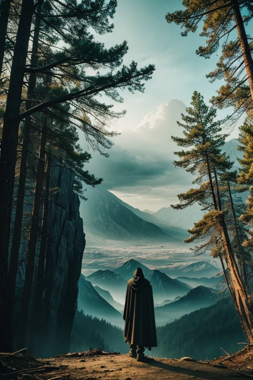 Cloaked man overlooking a beautiful and apocalyptic landscape