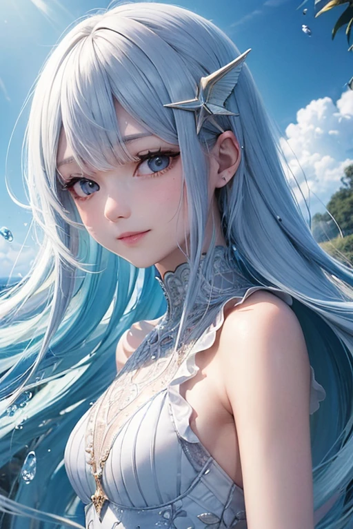 1mermaid,mermaid姫,リトルMermaid,Murloc,Fish finが付いた耳,Fish Tail,Fish fin,宝石と真珠とShellfishの髪飾り,deep sea,Water swirling,Water Spirit,mermaid,Pearl Hair Ornament,young,Transparency,happiness,smile,smile,Happy,White skin,Lip gloss,Realistic, 35mm, Intricate details, High resolution, Intricate details, Super detailed, Natural skin texture, Hyperrealism, sharp, 1woman (Mermaid:0.7) ,woman,pastel colour,Portraiture, look up,alone, Half Shot, Light blue clothes,Detailed Background, ,Magical atmosphere,Hair swaying in the wind,Silky Hair,Cream colored hair,Shiny Hair,Light blue hair,Light color background,Brightly colored fish,Light-coloured fins,Magic Whirlwind,Shine,Light background,noon,sun,Pop Art, (Style - Swirl Magic:0.8), Suspended particles,Dancing Light,Thin eyebrows,Thin eyebrows,Wavy Hair,瞳のShine,Childish,A gentle gaze,like,Gentle light,Blonde Hair,Short sleeve,Brown Hair,明るいdeep sea,heaven,wing,Mermaid,Looking up,river,deep sea,Wavy Hair,Shellfish,shell,Seaweed,tropical fish,Pearl Accessories,Water bubbles,Ariel,deep seaのお城にいるmermaid,Brightly colored scales,Small Bust