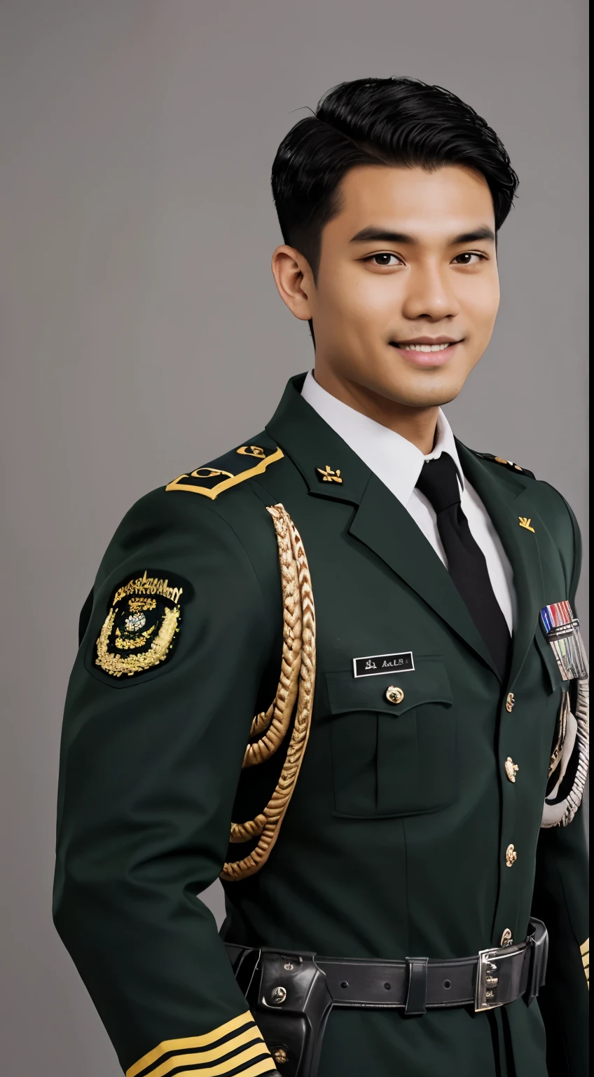 Masterpiece, hd, best quality, 4k, 8k, 1boy, Malay man, black hair, straight hair,  smiling, clear face, thigh, Perfect body, light green, collared shirt, black neck tie,  Military attire, 2nd World War Costume, WW2, Military bgreen, outfit, Military View, long pants, long sleeves, medal, wings, rank