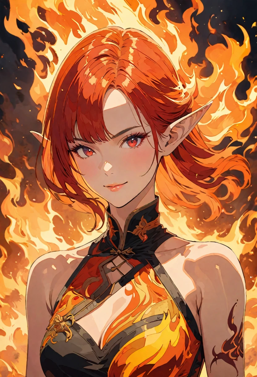 ((complete body image of a fire elf)), q standing elf, red flowing hair, shiny red eyes,( medium length pointy ears),orange fire around, flaming theme, burning atmosphere, (detailed sexy Chinese style costume:1.2), red glowing tattoos, orange crystal jewelry, light smile, mature body, colorful ,by Mappa studios,masterpiece,best quality,official art,illustration,ligne claire,(cool_color),perfect composition,absurdres, fantasy,focused,rule of third, close up portrait 