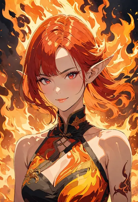 ((complete body image of a fire elf)), q standing elf, red flowing hair, shiny red eyes,( medium length pointy ears),orange fire...