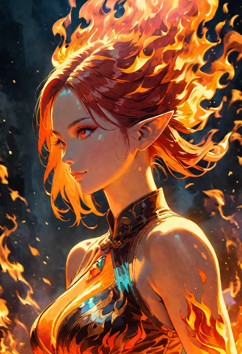 ((complete body image of a fire elf)), q standing elf, red flowing hair, shiny red eyes,( medium length pointy ears),orange fire around, flaming theme, burning atmosphere, (detailed sexy Chinese style costume:1.2), red glowing tattoos, orange crystal jewelry, light smile, mature body, colorful ,by Mappa studios,masterpiece,best quality,official art,illustration,ligne claire,(cool_color),perfect composition,absurdres, fantasy,focused,rule of third, close up portrait 