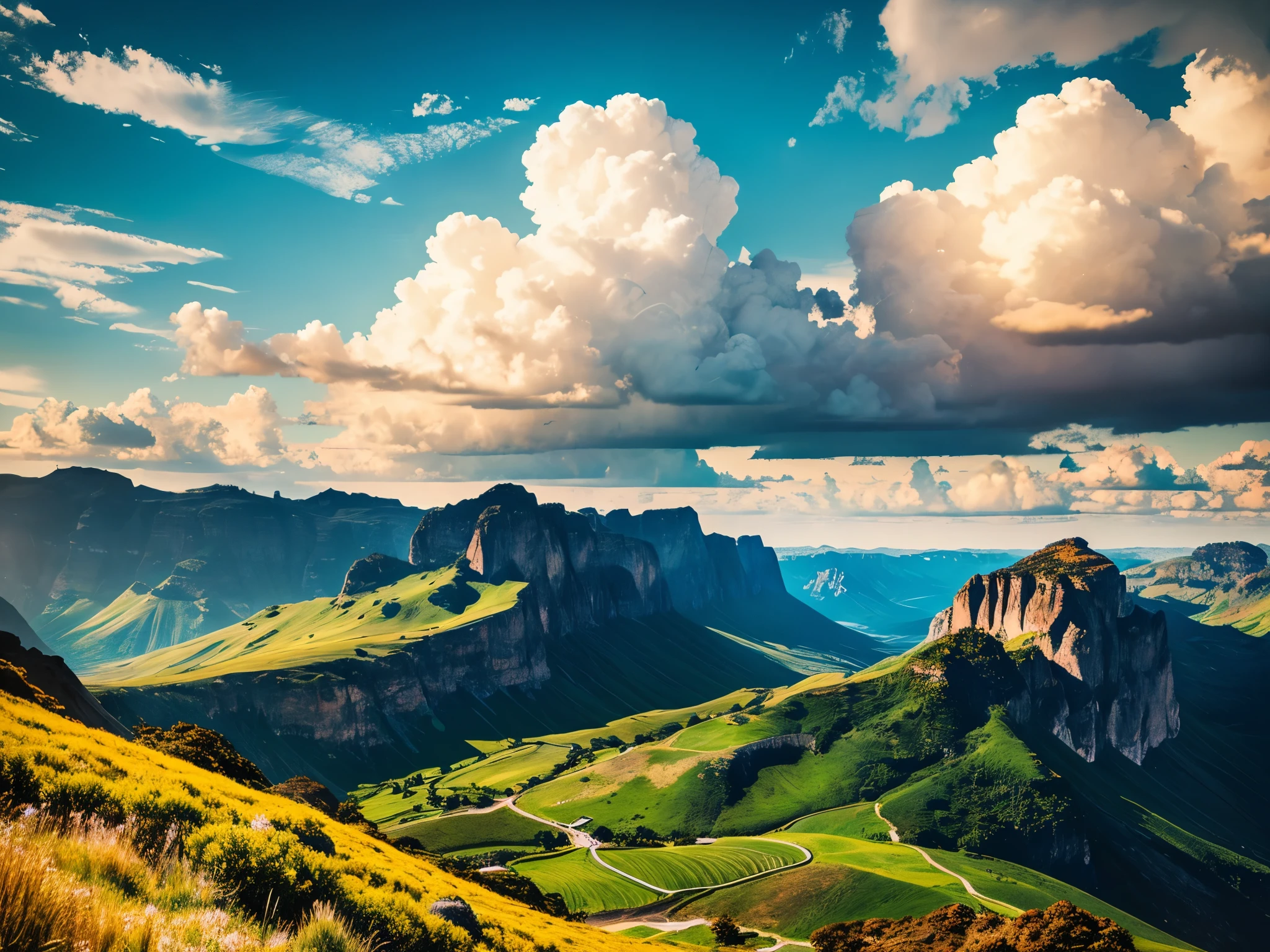 Summer sky (Painterly style), Realistic, highly Realistic, Attention to detail, breathtakingly Realistic, High contrast realism, High Saturation Realism, Vibrant colors, Dramatic lighting, Fascinating landscape, Persuasive storytelling, Atmospheric scene, Captivating visuals, Intricate details, Strong emotions, Heavenly Beauty, A dreamlike world