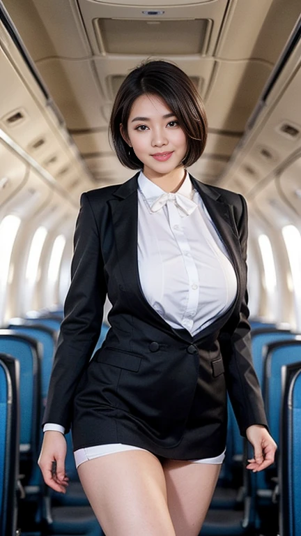 1beautiful womanl, 28years、hyperdetailed face、Detailed lips、A detailed eye、double eyelid、(Black bob hair、Smiling while walking gracefully down the aisle)、(Stewardess uniform:1.2)、(Glamorous body)、(Colossal tits)、((short-cut hair))、(large full breasts)(big butts)(Plump body)(plump body shape)( large full breasts)((J-Cup))、((not SEXY))、highs thighs thighs thighs, Perfect fit, Perfect image realism, Background with: (Business Class aisle on airplanes:1.2), Cowboy Shot, Meticulous background, detailed costume, Perfect litthing、Hyper-Realism、(Photorealsitic:1.4)、8K maximum resolution, (masterpiece), ighly detailed, Professional