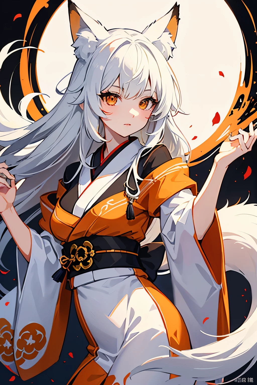 Fox girl, Japanese clothing, fox eyes, decent body, beautiful girl, looking at the viewer, fox marks on her face, orange eyes, white hair with black highlights, white tail with black highlights.