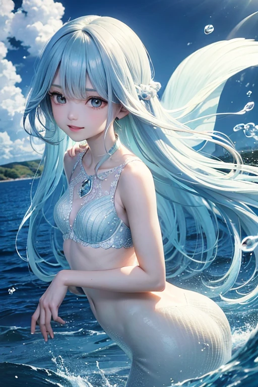 1mermaid,mermaid姫,リトルMermaid,Murloc,Fish finが付いた耳,Fish Tail,Fish fin,宝石と真珠とShellfishの髪飾り,deep sea,Water swirling,Water Spirit,mermaid,Pearl Hair Ornament,young,Transparency,happiness,smile,smile,Happy,White skin,Lip gloss,Realistic, 35mm, Intricate details, High resolution, Intricate details, Super detailed, Natural skin texture, Hyperrealism, sharp, 1woman (Mermaid:0.7) ,woman,pastel colour,Portraiture, look up,alone, Half Shot, Light blue clothes,Detailed Background, ,Magical atmosphere,Hair swaying in the wind,Silky Hair,Cream colored hair,Shiny Hair,Light blue hair,Light color background,Brightly colored fish,Light-coloured fins,Magic Whirlwind,Shine,Light background,noon,sun,Pop Art, (Style - Swirl Magic:0.8), Suspended particles,Dancing Light,Thin eyebrows,Thin eyebrows,Wavy Hair,瞳のShine,Childish,A gentle gaze,like,Gentle light,Blonde Hair,Short sleeve,Brown Hair,明るいdeep sea,heaven,wing,Mermaid,Looking up,river,deep sea,Wavy Hair,Shellfish,shell,Seaweed,tropical fish,Pearl Accessories,Water bubbles,Ariel,deep seaのお城にいるmermaid,Brightly colored scales,Small Bust