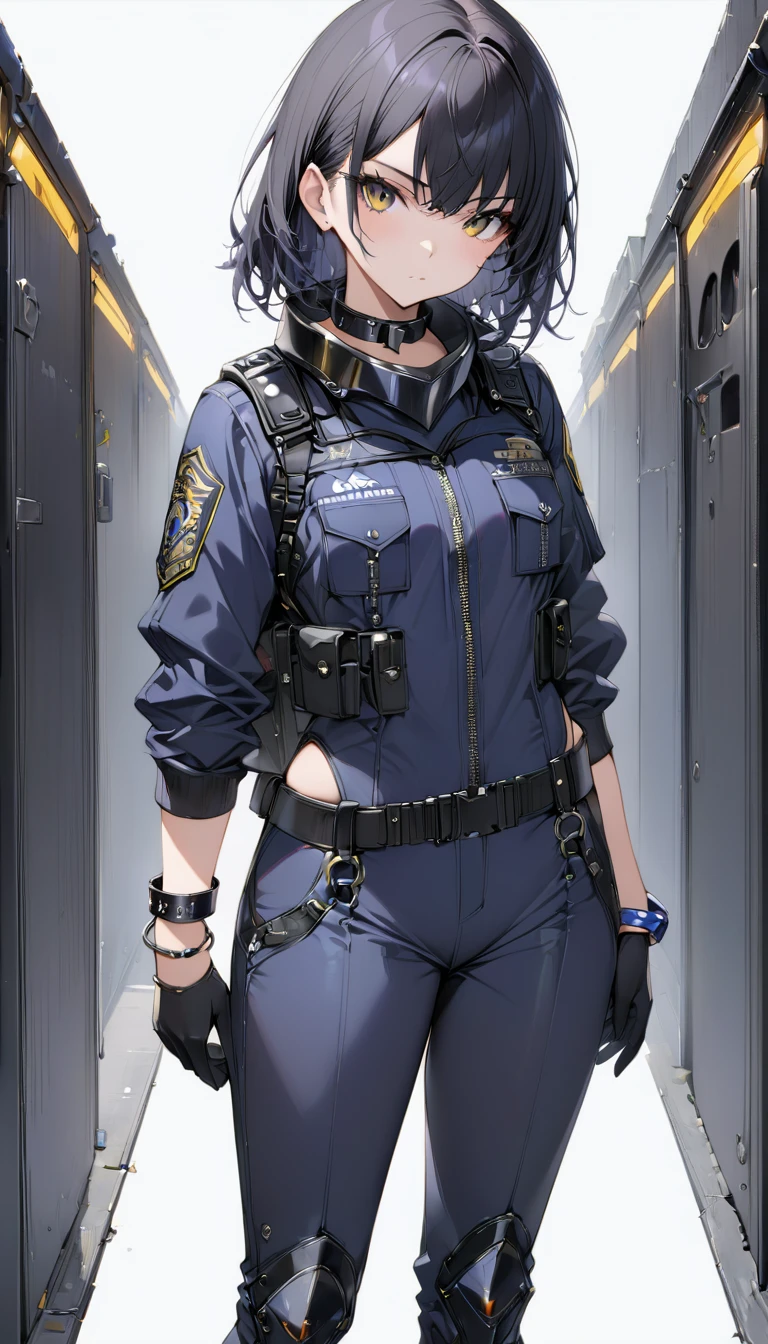 ****ung cool girl, solo,look at the camera,wear police suit,extremely detailed CG unity 8k wallpaper,illustration,lens 135mm,masterpiece,(bracelet:1.3),(metal collar:1.3),white background,masterpiece,bestquality,masterpiece,best eyes,Standing, black quality,black_hair, masterpiece,best quality,dark persona,masterpiece,best quality,