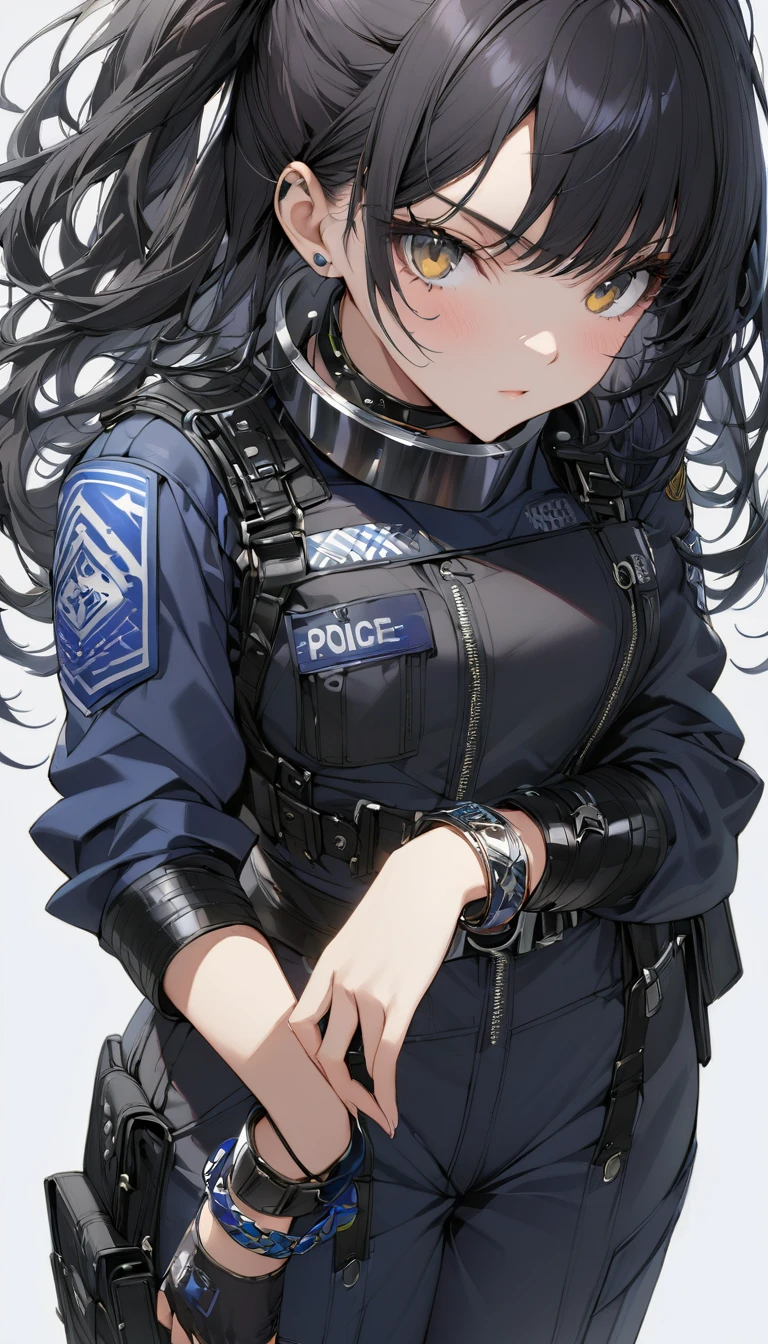 ****ung cool girl, solo,look at the camera,wear police suit,extremely detailed CG unity 8k wallpaper,illustration,lens 135mm,masterpiece,(bracelet:1.3),(metal collar:1.3),white background,masterpiece,bestquality,masterpiece,best eyes,Standing, black quality,black_hair, masterpiece,best quality,dark persona,masterpiece,best quality,