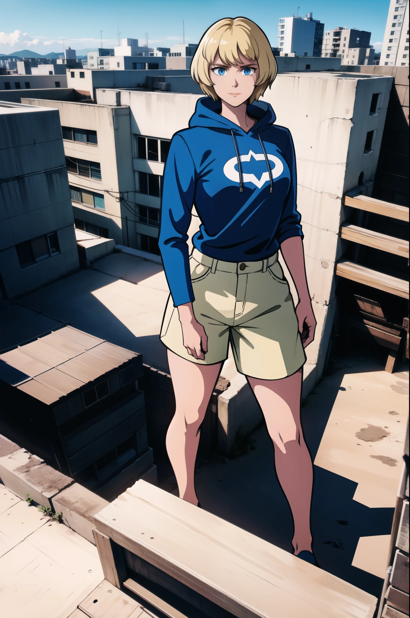 Beauty,Medium chest,Superhero Suit,Without a hood,Shorts,Ruined city,Blonde short hair,Building rooftop,Facing the camera